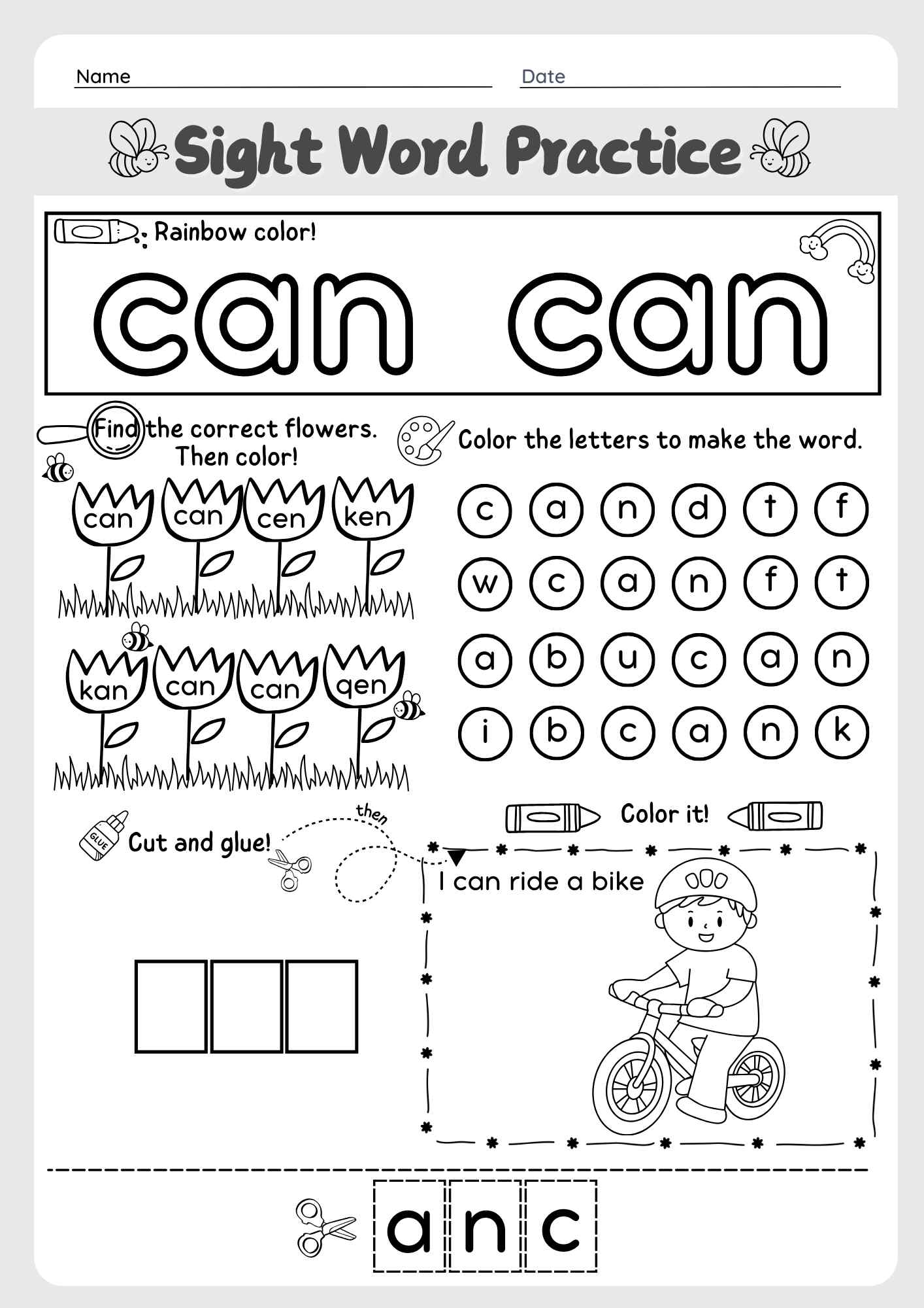 The Word "Can" Sight Word Cut and Paste Worksheet for Early Learners Pre K